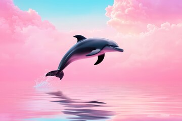 Playful Dolphin Leaping Through Pastel Clouds and Calm Waters at Sunrise