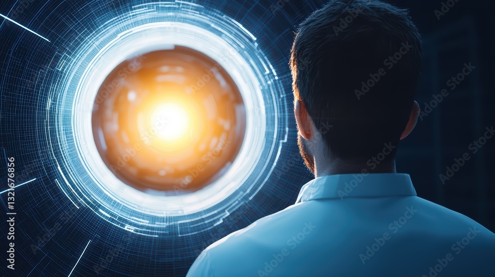 Poster scientist observing quantum concepts in a futuristic laboratory setup with bright light source
