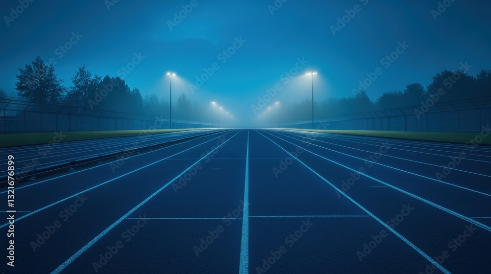 Poster serene and atmospheric night scene of a track field in mist with illuminated lanes under foggy sky a