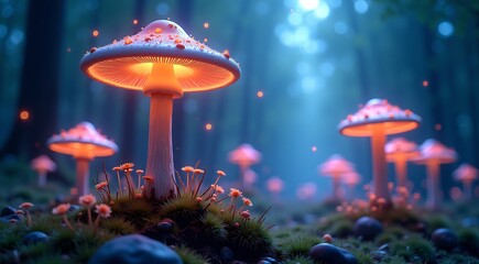 Fototapeta premium mystical mushroom landscape with glowing spores