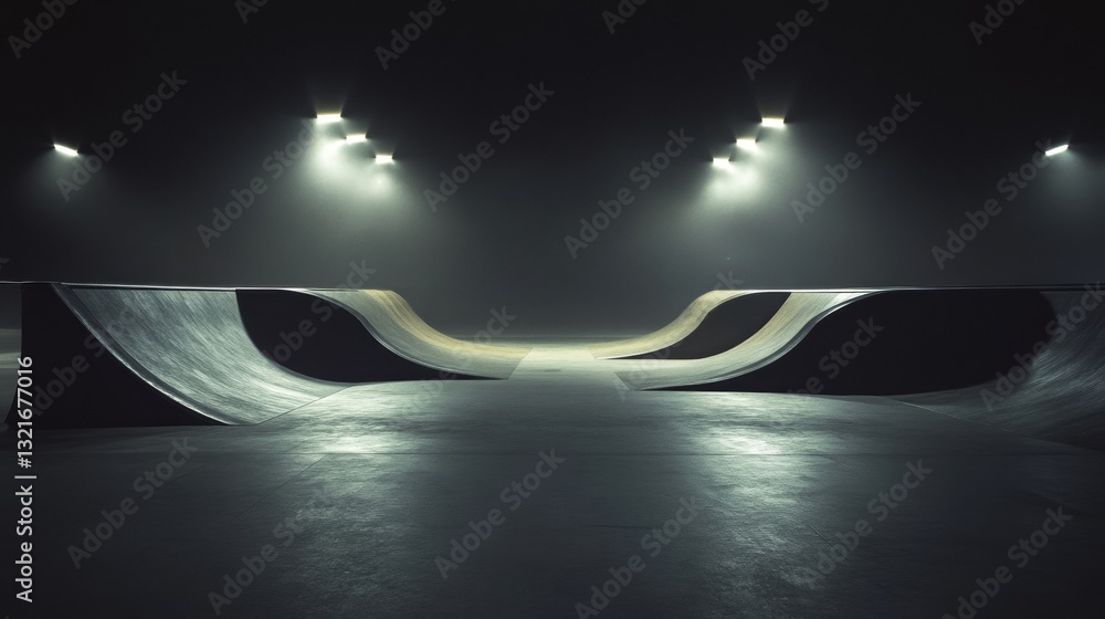 Poster empty indoor skatepark with smooth ramps illuminated by bright overhead lights in a moody atmosphere