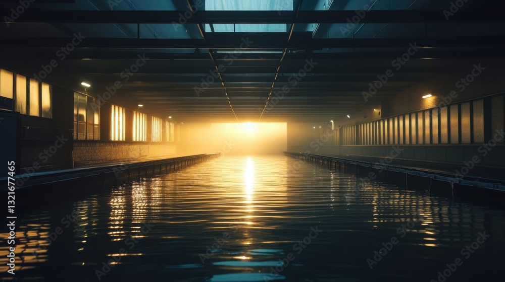 Poster serene waterway at dusk with soft mist and illuminated walls reflecting warm light in an urban setti