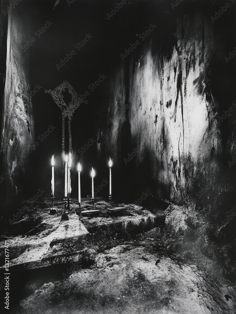 Poster a collection of candles in various sizes and shapes, all in black and white