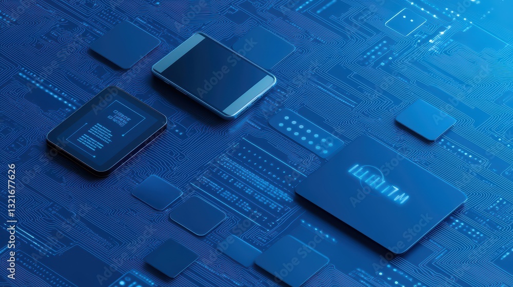 Poster concept of smart devices integrated in real-time technology with futuristic design elements