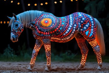 Fototapeta premium Experience the magic of a Horse painted in tribal patterns glowing under UV light, a striking artistic concept that blends nature with modern artistry This unique photograph captures the beauty and