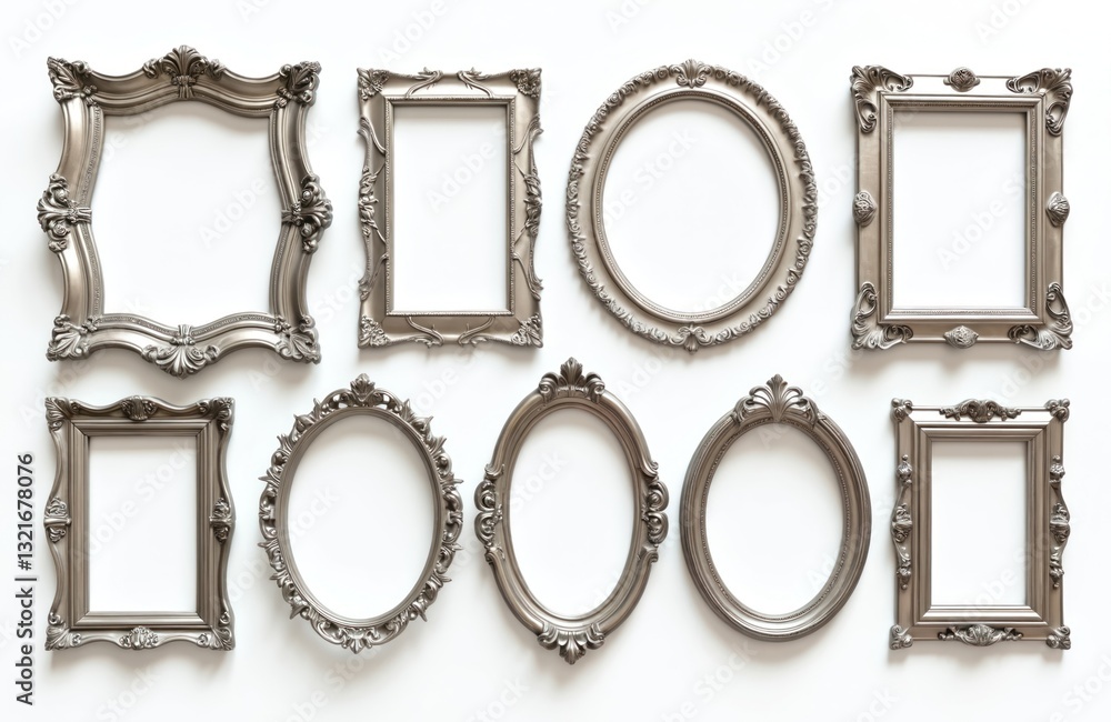 Poster collection of classic silver vintage frames isolated on white backdrop. ornate photo frames offer bl