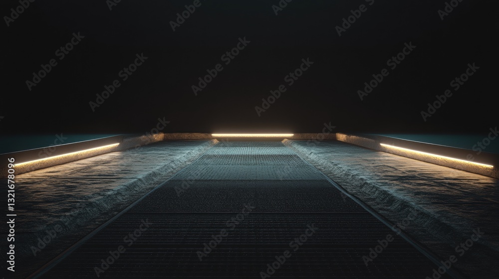 Poster dimly lit indoor pathway with subtle lighting and textured surface inviting perspectives of depth an