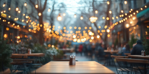 Outdoor seating area of bustling hip urban cafe, restaurant with string lights, tables and chairs on New York City street, sidewalk during winter, cold weather in artsy film movie style background