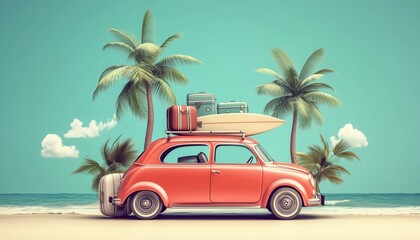 Quirky Vintage Car Featuring Surfboard, Luggage, And Palm Trees: A Unique Summer Adventure For Your Vacation Plans.