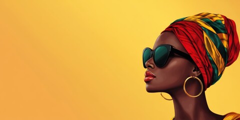 Stunning Portrait of a Confident Woman with Vibrant Headwrap Against a Bright Yellow Background
