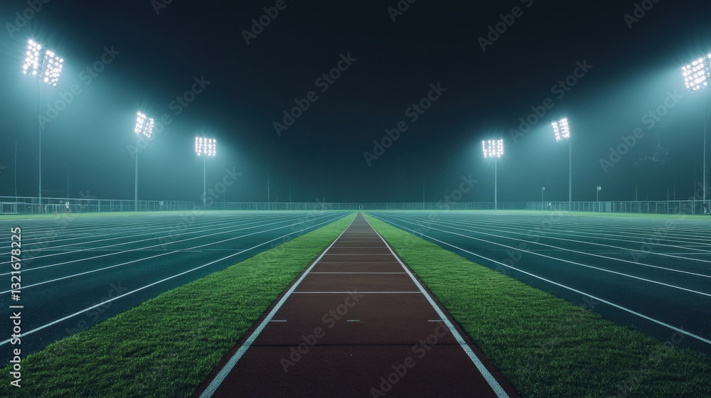 Aufkleber nighttime track and field stadium with illuminated running path and bright floodlights shining on sm