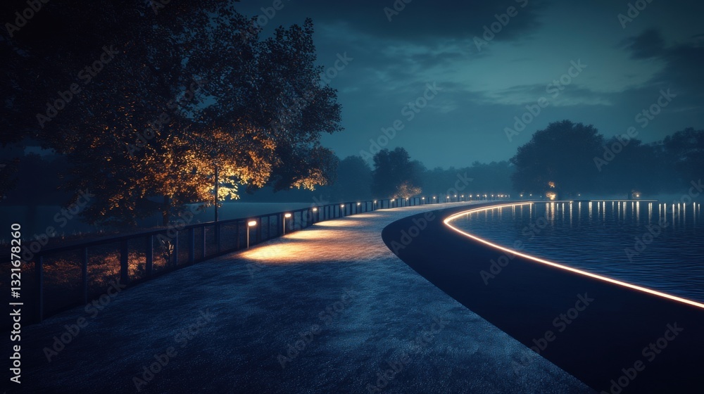 Poster serene evening walkway with gentle lights reflecting on calm water surrounded by trees in a tranquil