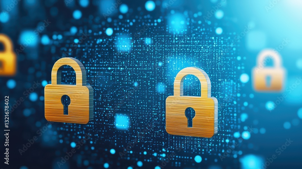 Poster secure digital network concept with golden padlocks on abstract background of interconnected data