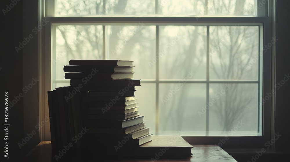 Poster stack of books on table with soft light filtering through a window creating a calm and serene atmosp