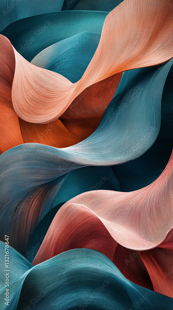 Poster abstract image of teal and orange textured waves, creating a flowing, dynamic composition. represent