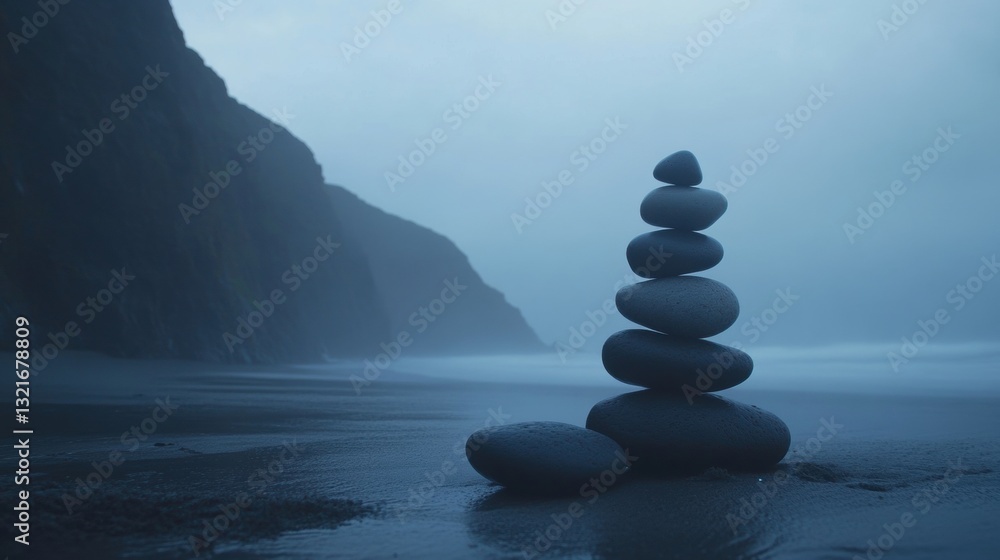 Poster serene stacked stones on a tranquil beach at dusk with soft waves and misty mountains in the backgro