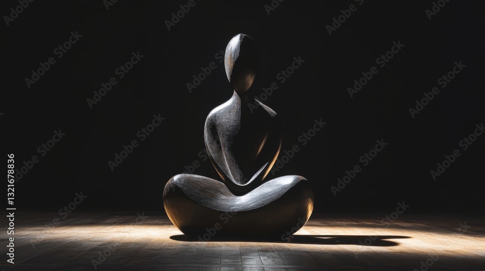 Poster abstract wooden sculpture of a meditating figure on dark background with soft lighting creating tran