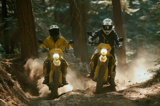 Two motorcyclists riding in dense forest path. Neural network AI generated