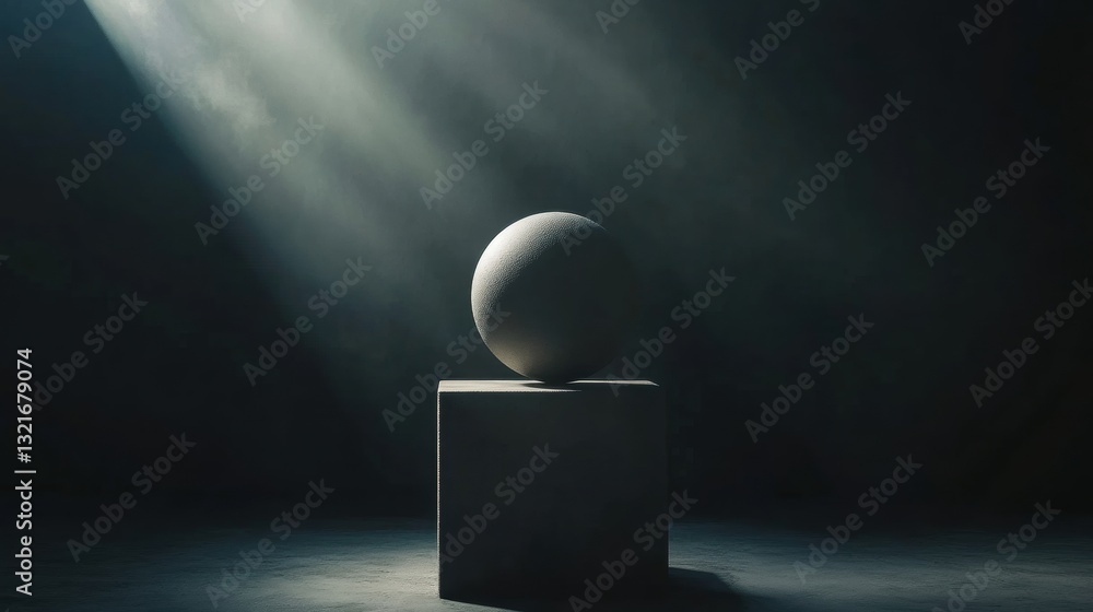 Poster minimalist composition of a sphere on a cube with dramatic lighting and soft smoke effect in a dark 