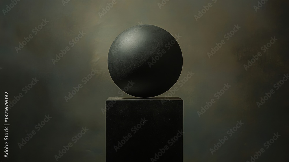 Poster abstract black sphere on a dark pedestal with a subtle background texture evoking minimalism and ele