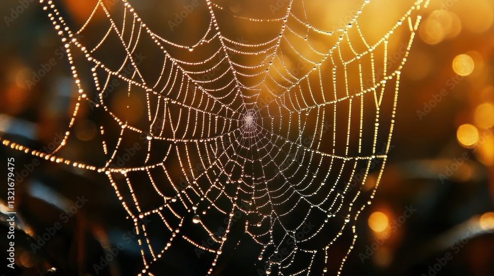 Poster close-up of a delicate spider web glimmering with dew drops under soft morning light creating a stun