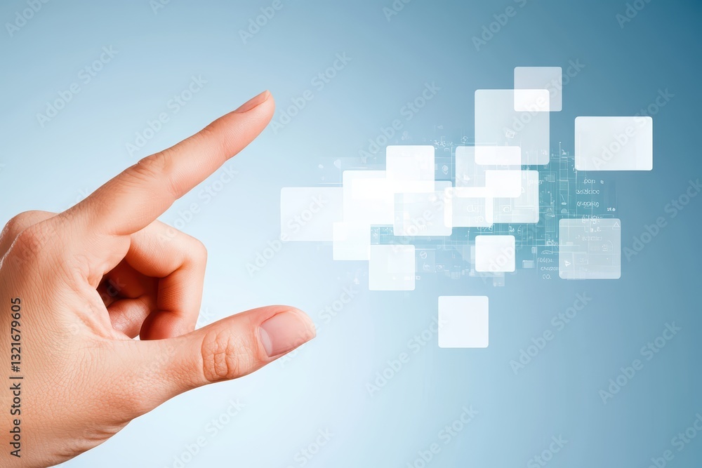 Poster concept of social media interaction with hand reaching towards digital interface elements