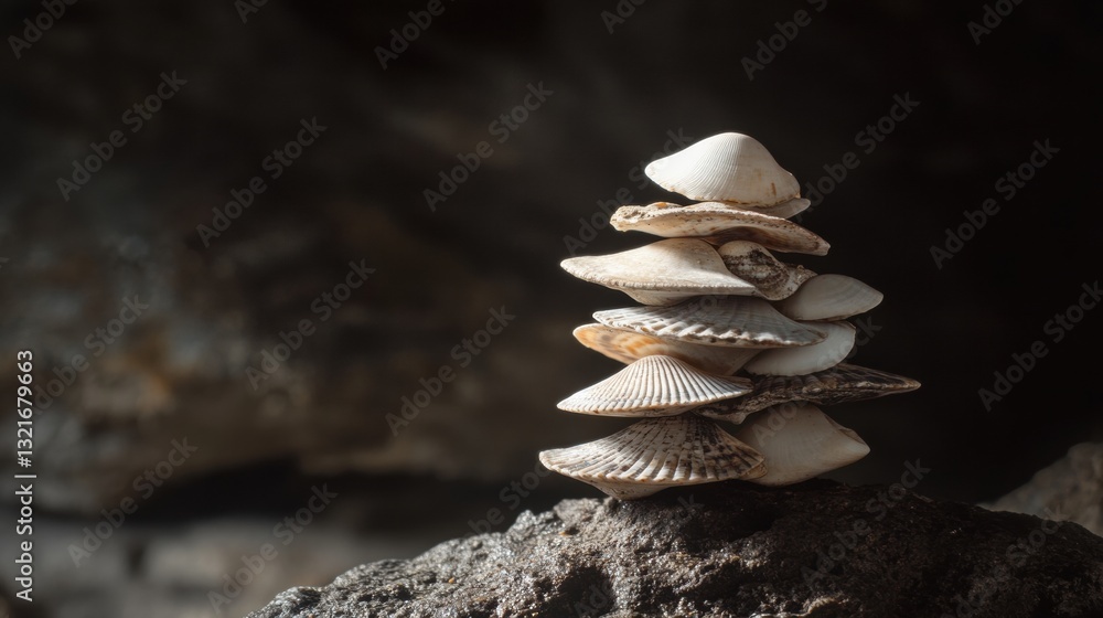 Poster stacked seashells on a rocky surface with soft lighting in a natural cave environment enhancing text