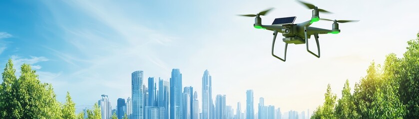 Solar-Powered Drone Delivery Concept Over Urban Landscape Under Clear Blue Sky