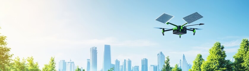Fototapeta premium Solar-Powered Drone Delivering Goods Over Urban Landscape in Bright Sky