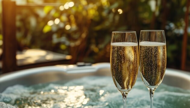 Romantic Getaway With Champagne Glasses By Outdoor Jacuzzi. Valentines Escape In Horizontal, Shallow Beauty. Peaceful And Elegant Setting.