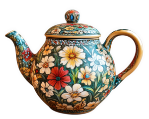 handcrafted ceramic teapot featuring intricate floral patterns in vibrant colors. This unique piece showcases artistry and craftsmanship, perfect for tea lovers and collectors