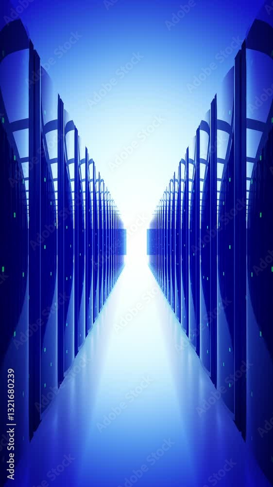 Poster server racks on both sides - storage or hosting concept - 3d 4k vertical animation with blue filter 