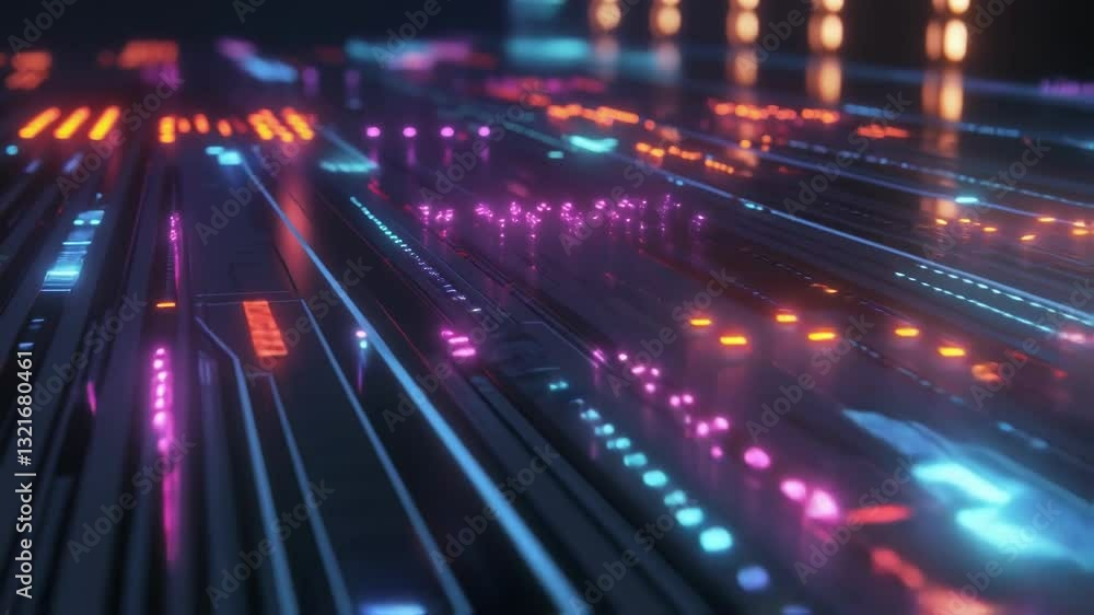 Poster glowing lines of data flow across a futuristic server room, creating a mesmerizing visual representa