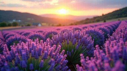 Fototapeta premium Blooming lavender fields under warm late-spring sunshine, rolling hills in the distance, vibrant purple hues contrasting with golden light in a serene countryside setting.