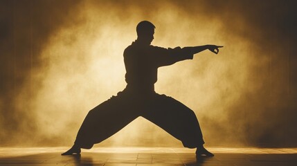 Dramatic Silhouette of Martial Artist in Dynamic Pose Against a Backlit Smoke Background