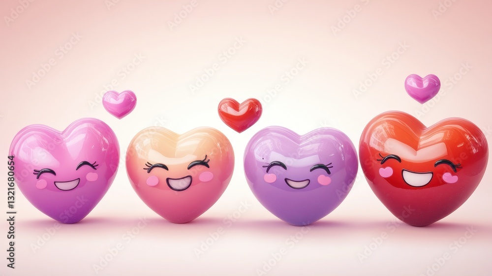 Aufkleber colorful heart characters with smiling faces and floating hearts in a playful composition