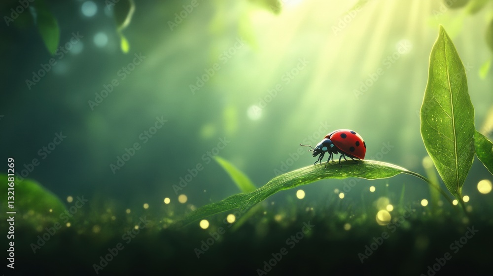 Poster close-up of a ladybug resting on a green leaf with soft sunlight filtering through foliage creating 
