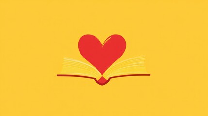 Open Book with Heart Symbol on Yellow Background. Possible Use Education, inspiration, love of reading