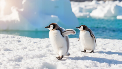 Obraz premium Juvenile penguin chick waddling on ice with iceberg backdrop, exploring