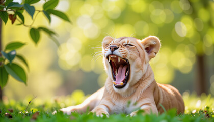 Yawning lion cub resting beneath tree, playful nature moment