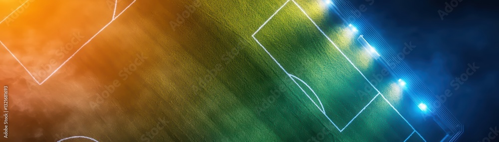 Poster aerial view of sports field with bright lights and colorful background in dynamic concept