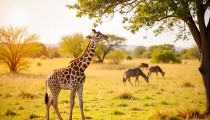 Fototapeta premium Playful giraffe calf reaching for leaves in vibrant African landscape, nature's wonder