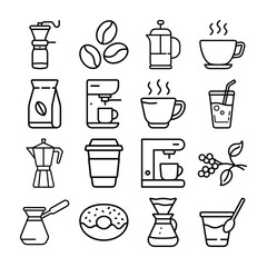 Simple Line Art Icons of Various Coffee and Beverage Items