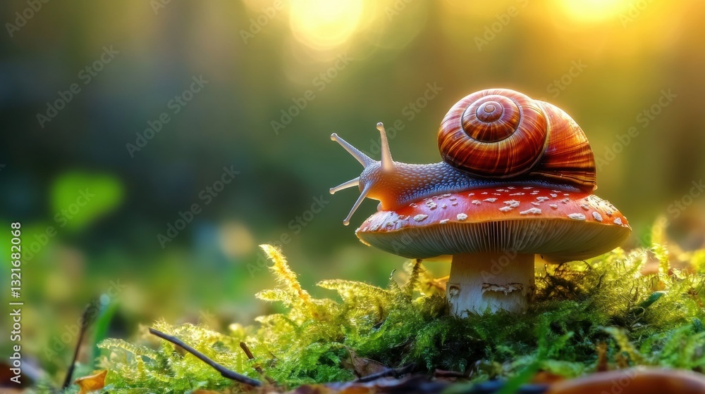 Poster snail on mushroom in nature with soft light and green moss background, creating a magical forest sce