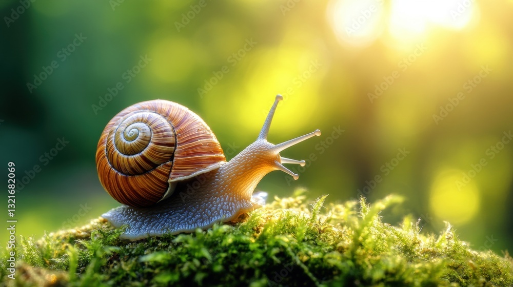 Poster snail crawling on mossy surface with sunlight blurring in background creating a serene natural envir