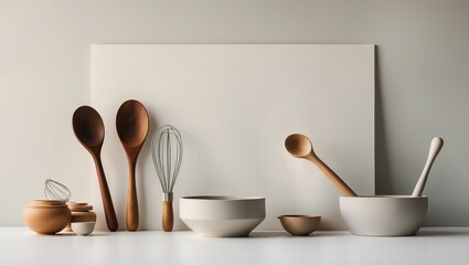 Kitchen utensils and bowls arranged on a countertop with a neutral background for cooking and baking activities