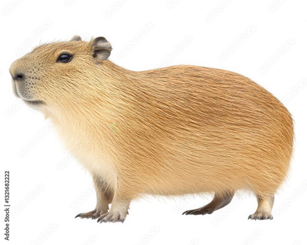 Poster capybara standing on transparency background, showcasing its unique features and fur texture. this l