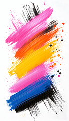 Vibrant paint strokes in pink orange yellow and blue with black accents and splatters on white background
