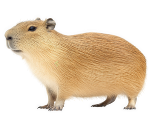 Capybara standing on transparency background, showcasing its unique features and fur texture. This large rodent is known for its friendly demeanor and social behavior