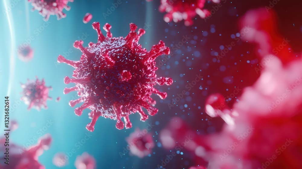 Poster close-up view of a magnified virus under microscope with colorful background effects